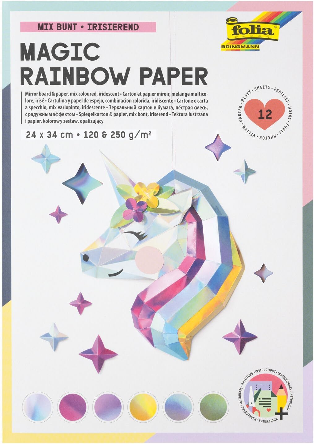 FOLIA • MAGIC RAINBOW PAPER BLOCK • 12 BLATT IRISIERENDES BASTELPAPIER • 24 x 34 CM, 120 g/m² & 250 g/m²