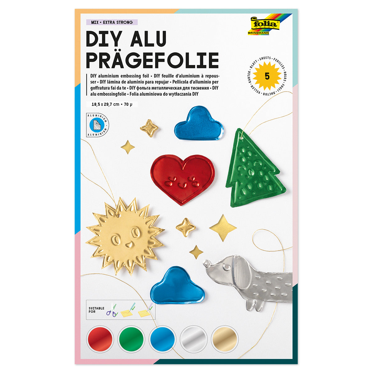 FOLIA • DIY ALU PRÄGEFOLIE MIX BUNT • EXTRA STARK • 18,5 x 29 CM, 5 BLATT