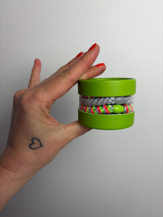 HAARGUMMI 4ER SET IN GESCHENKBOX • NEONROSA NEONGRÜN SILBER