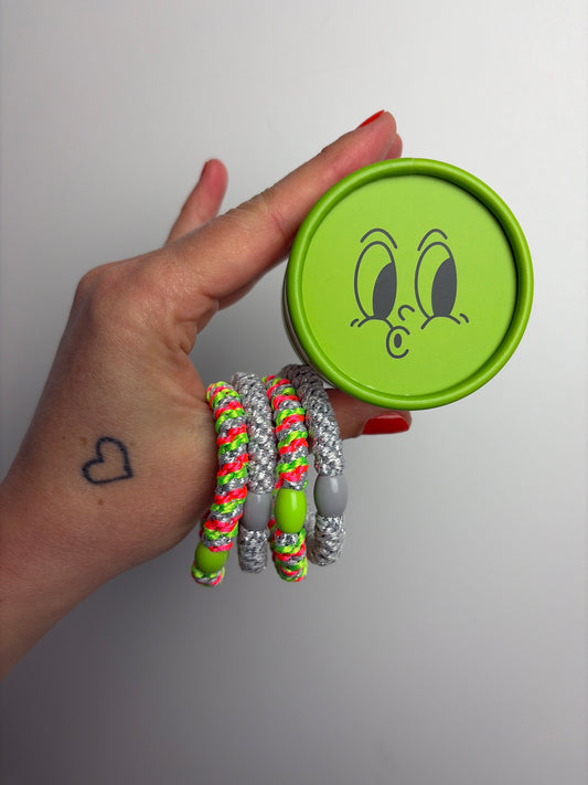 HAARGUMMI 4ER SET IN GESCHENKBOX • NEONROSA NEONGRÜN SILBER